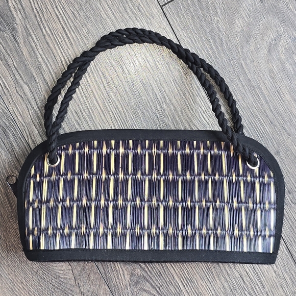 Baskets Of Cambodia Handbags - Woven Straw Clutch Boho Bag Black Tan Bamboo Style Summer Beach Purse